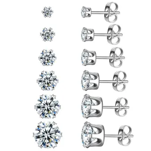 6 Pairs Round Solitaire Stud Earrings Set Women Jewelry Cubic Zirconia Stainless Steel