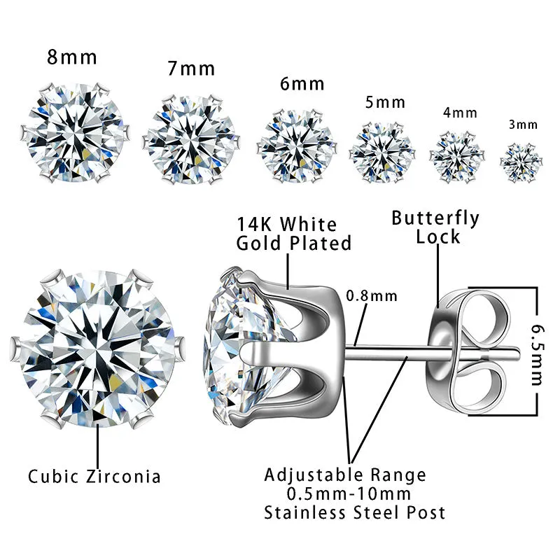 6 Pairs Round Solitaire Stud Earrings Set Women Jewelry Cubic Zirconia Stainless Steel