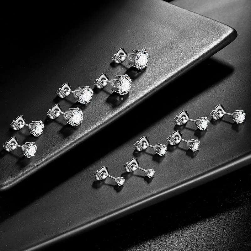 6 Pairs Round Solitaire Stud Earrings Set Women Jewelry Cubic Zirconia Stainless Steel