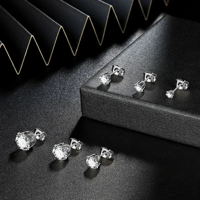 6 Pairs Round Solitaire Stud Earrings Set Women Jewelry Cubic Zirconia Stainless Steel