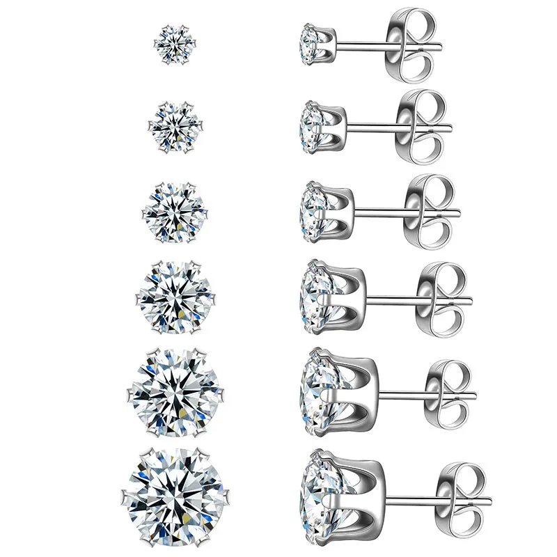 6 Pairs Round Solitaire Stud Earrings Set Women Jewelry Cubic Zirconia Stainless Steel
