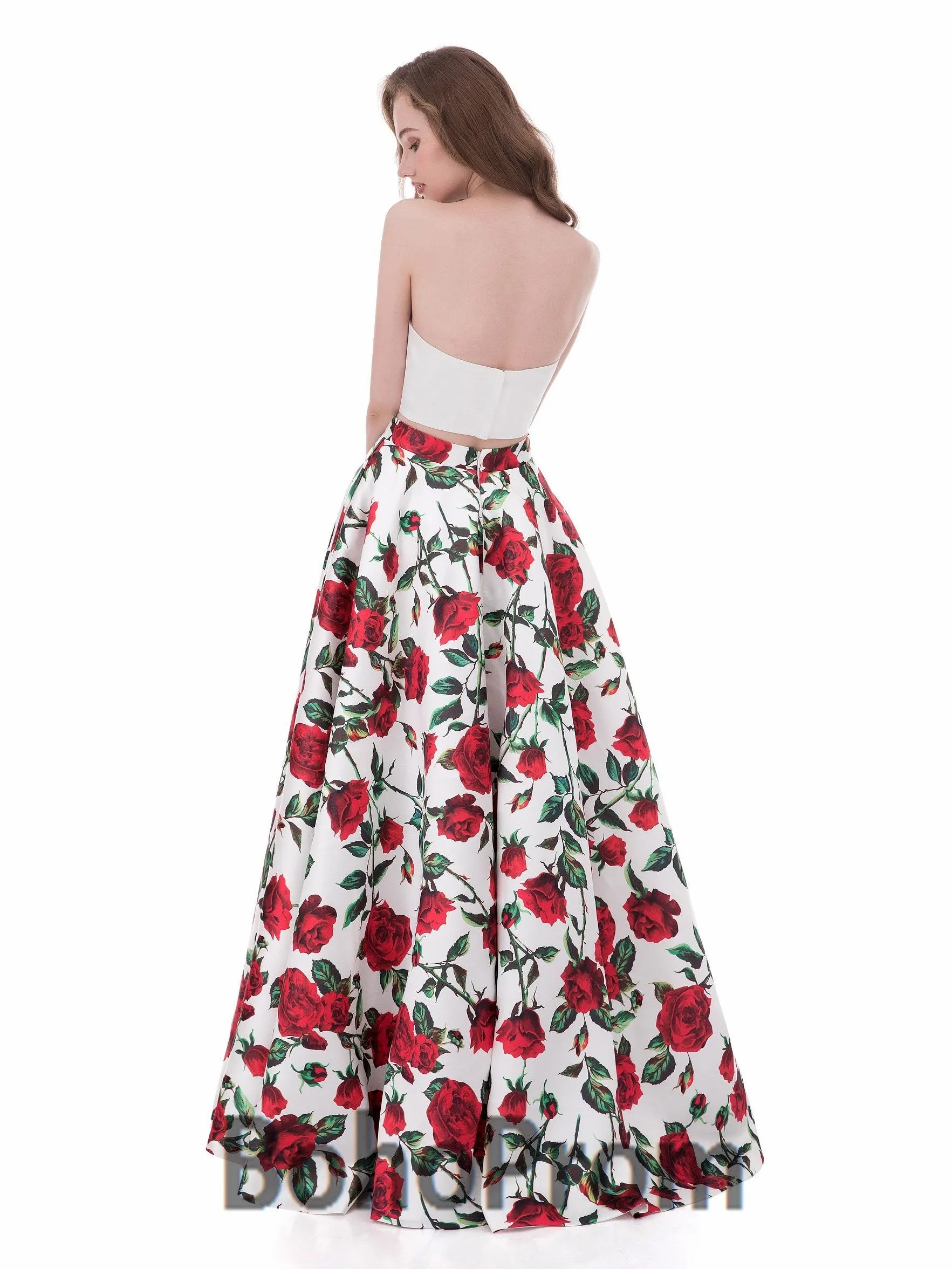A-line Straight Across Floor-Length Satin Two Piece prom Dresses 3054