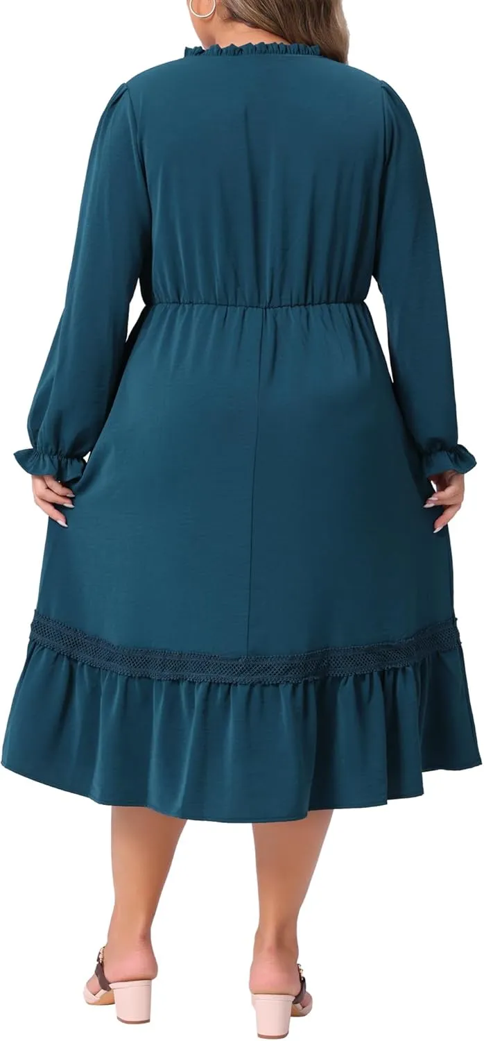 Agnes Orinda Plus Size Women's Ruffle V Neck Long Sleeve Tiered Midi Dress Flowy A Line Layered Fall Dress Casual