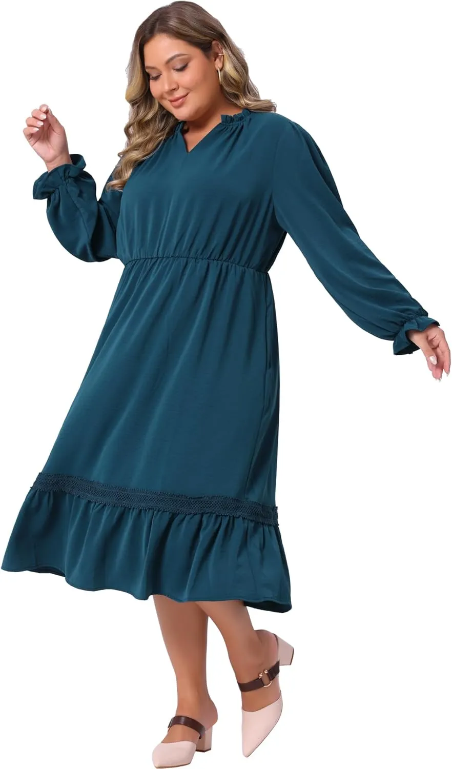 Agnes Orinda Plus Size Women's Ruffle V Neck Long Sleeve Tiered Midi Dress Flowy A Line Layered Fall Dress Casual