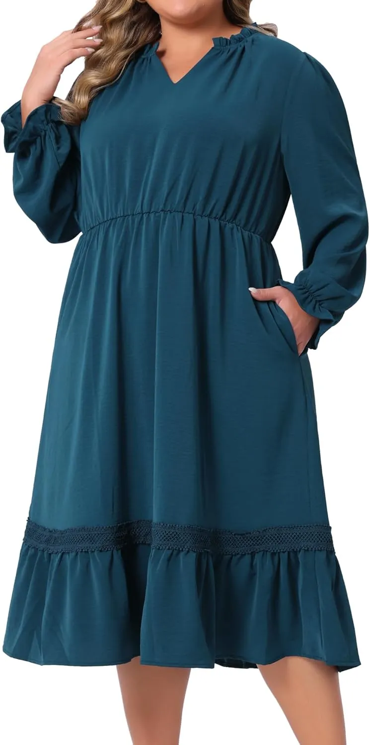 Agnes Orinda Plus Size Women's Ruffle V Neck Long Sleeve Tiered Midi Dress Flowy A Line Layered Fall Dress Casual