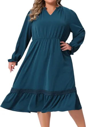 Agnes Orinda Plus Size Women's Ruffle V Neck Long Sleeve Tiered Midi Dress Flowy A Line Layered Fall Dress Casual
