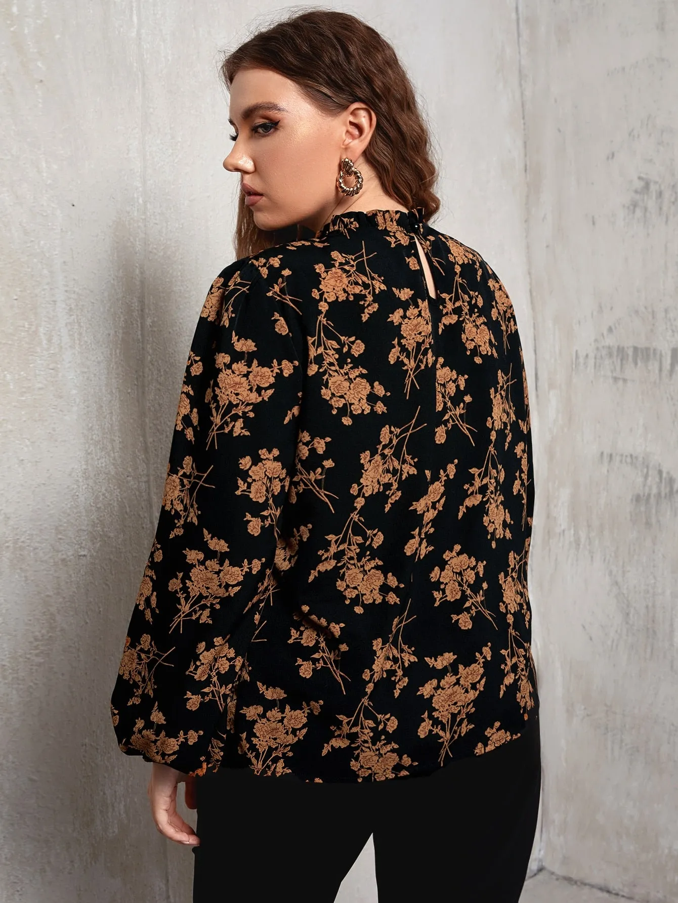 All Over Print Frill Long Sleeve Stand Collar Regular Plus Size Blouse