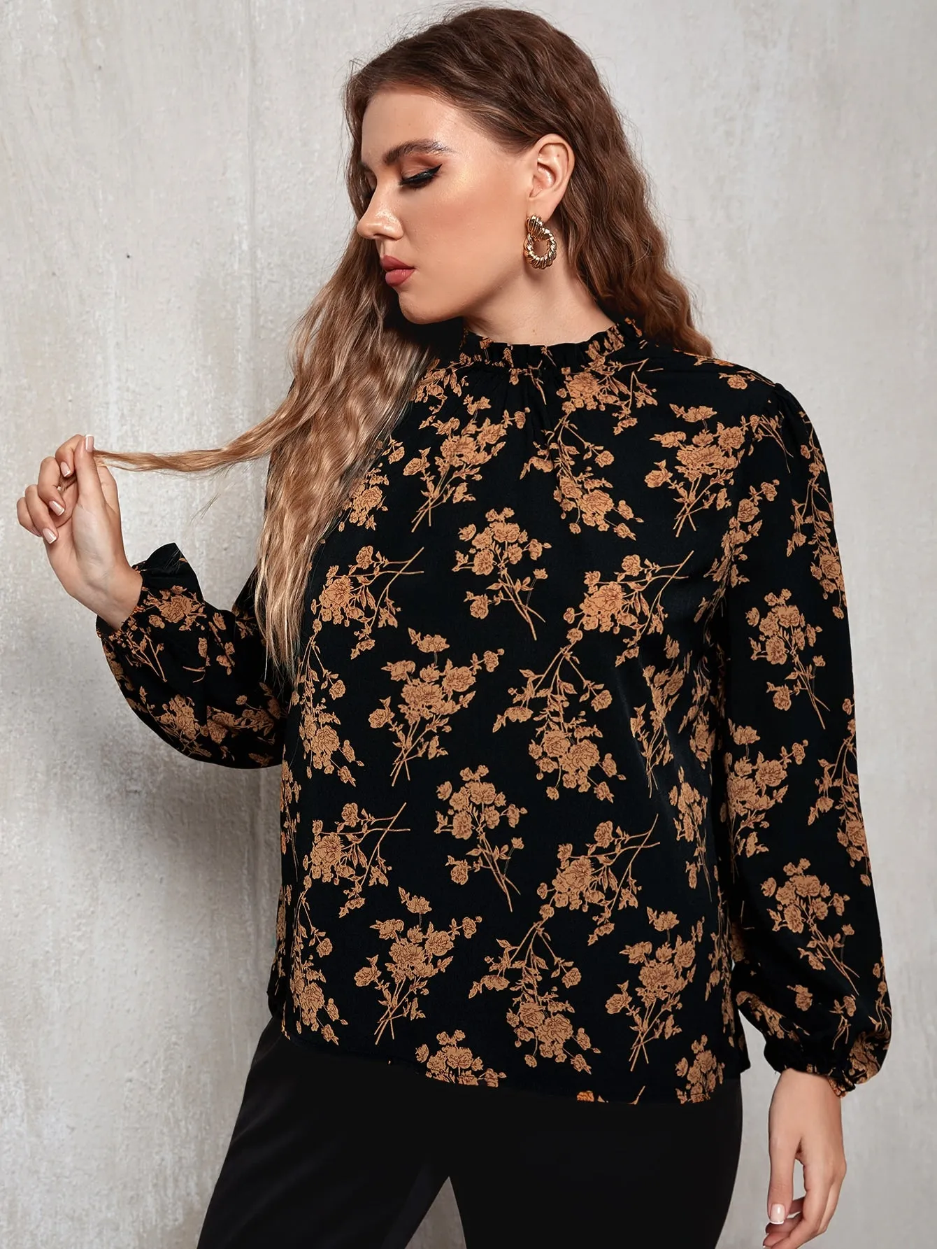 All Over Print Frill Long Sleeve Stand Collar Regular Plus Size Blouse