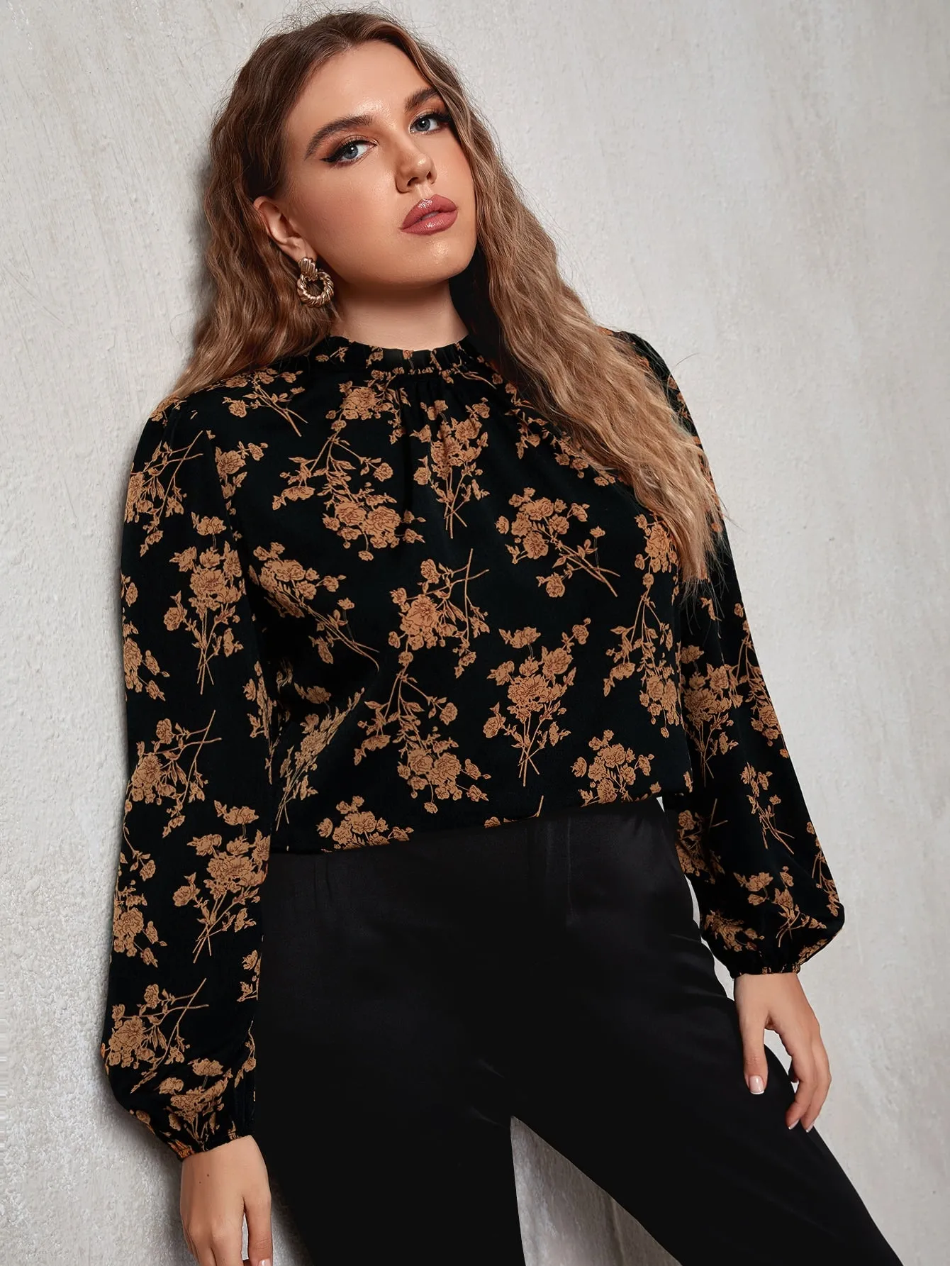 All Over Print Frill Long Sleeve Stand Collar Regular Plus Size Blouse