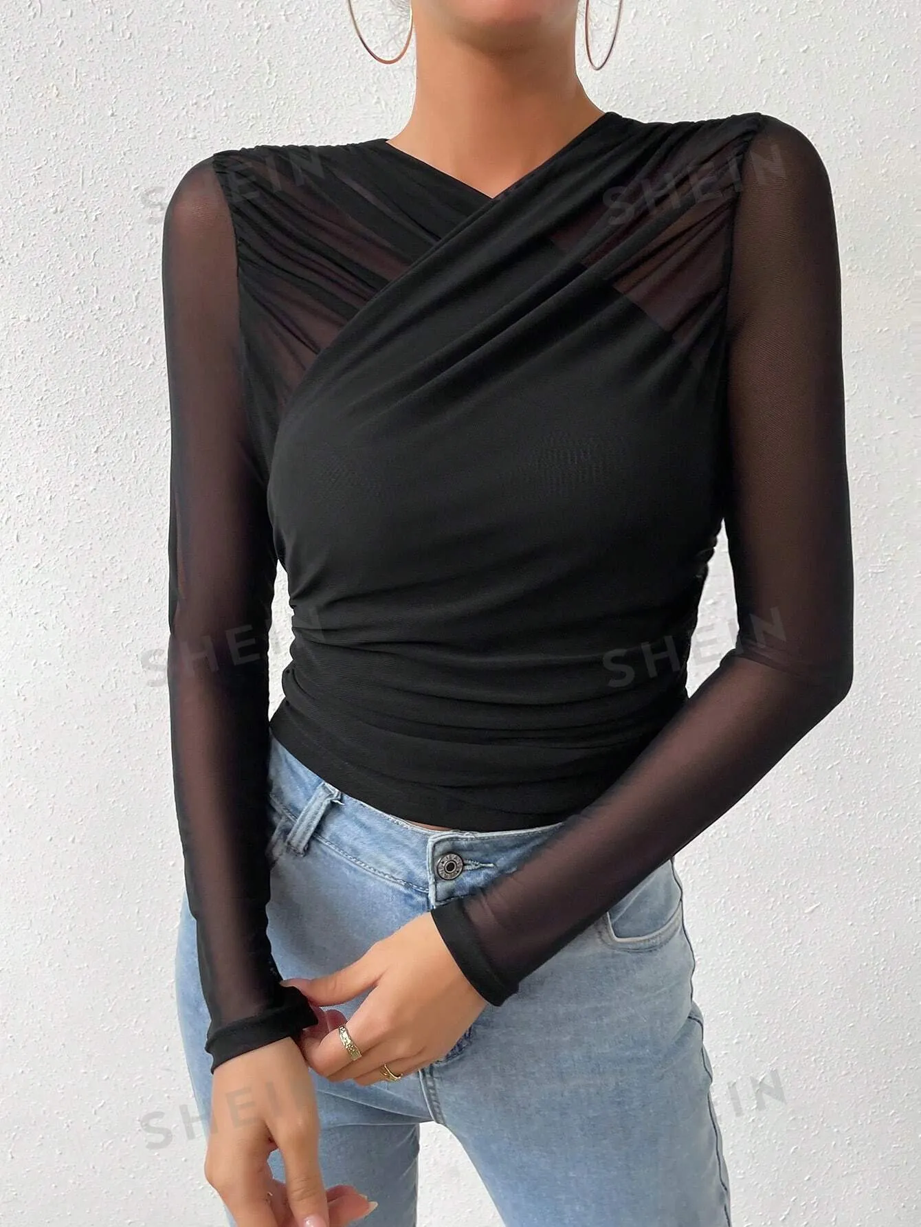 BAE Contrast Mesh Wrap Cross Top