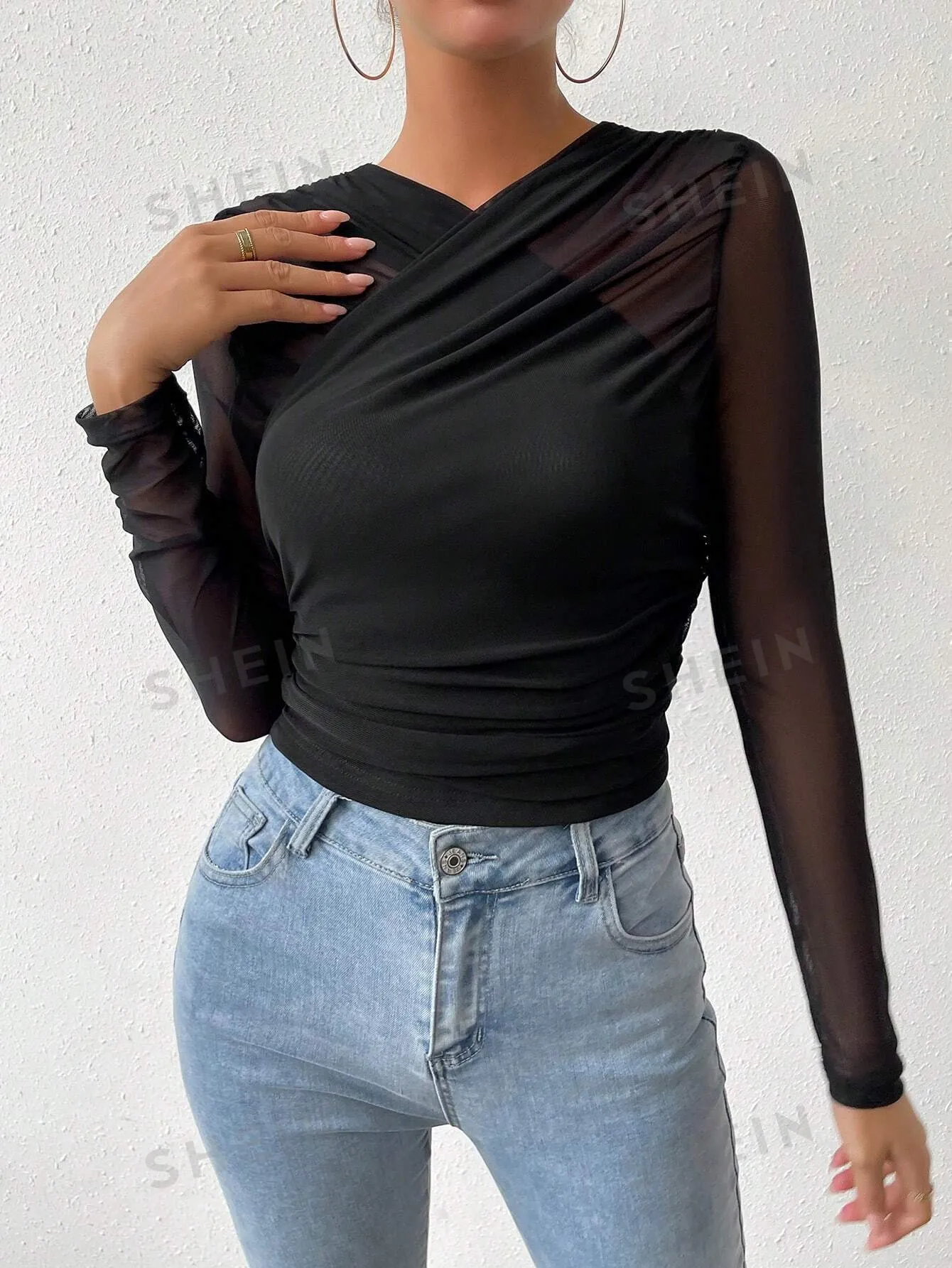 BAE Contrast Mesh Wrap Cross Top