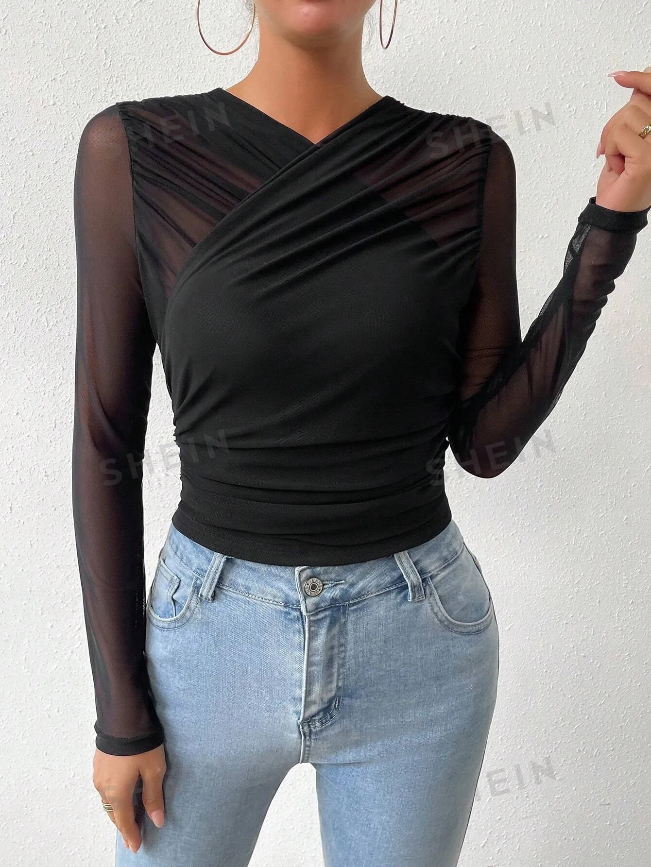 BAE Contrast Mesh Wrap Cross Top