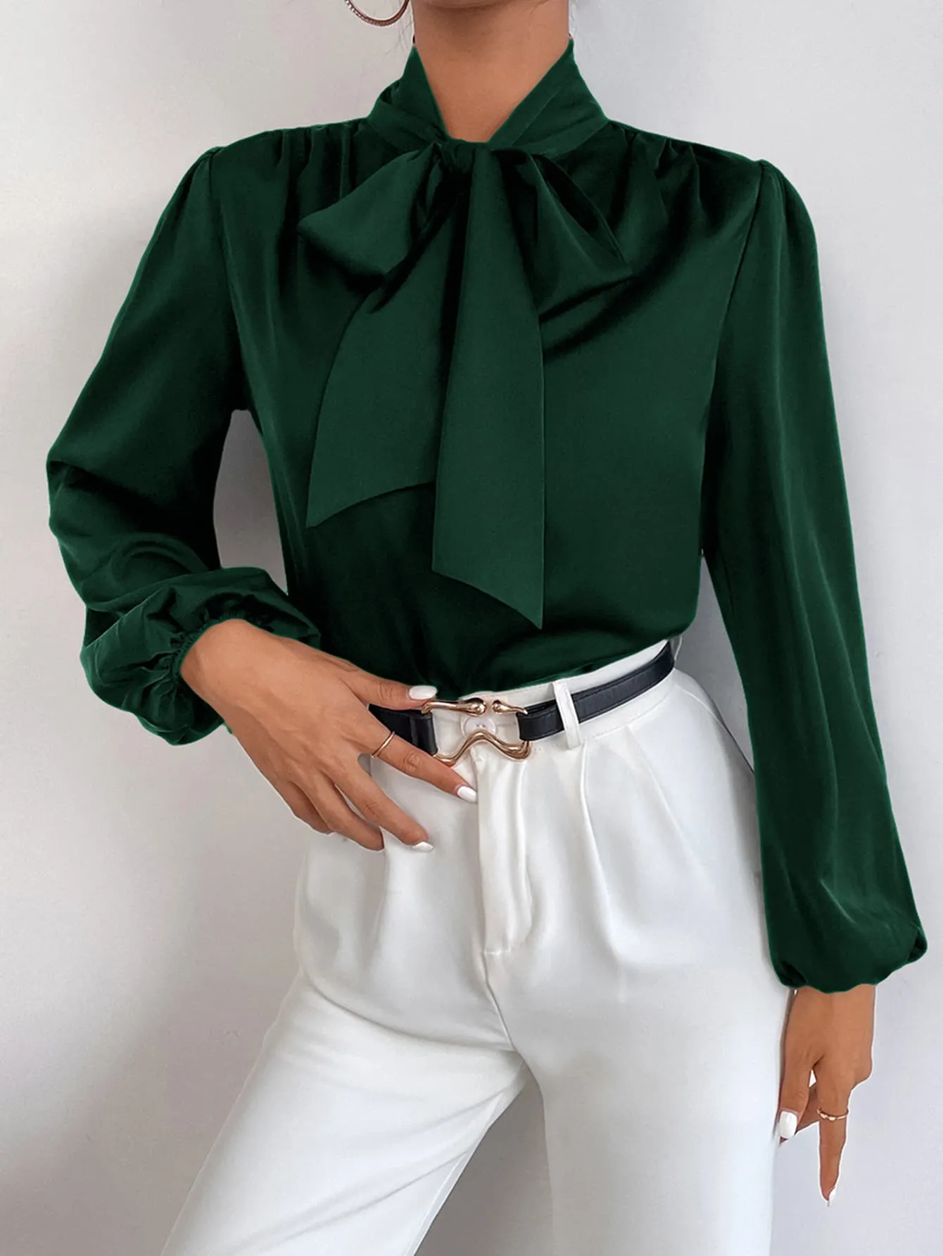 BAE Satin Tie Neck Bishop Sleeve Blouse
