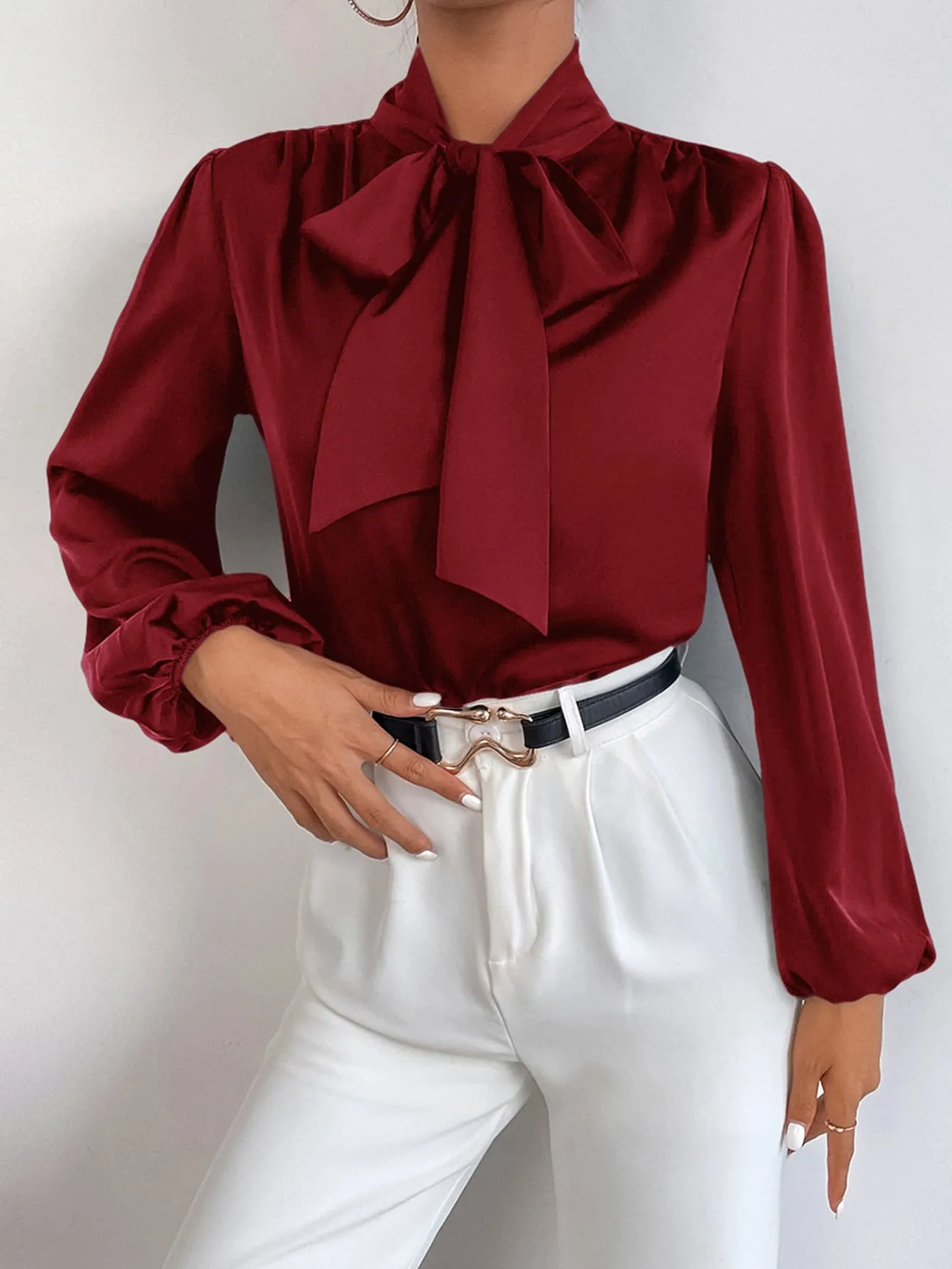 BAE Satin Tie Neck Bishop Sleeve Blouse
