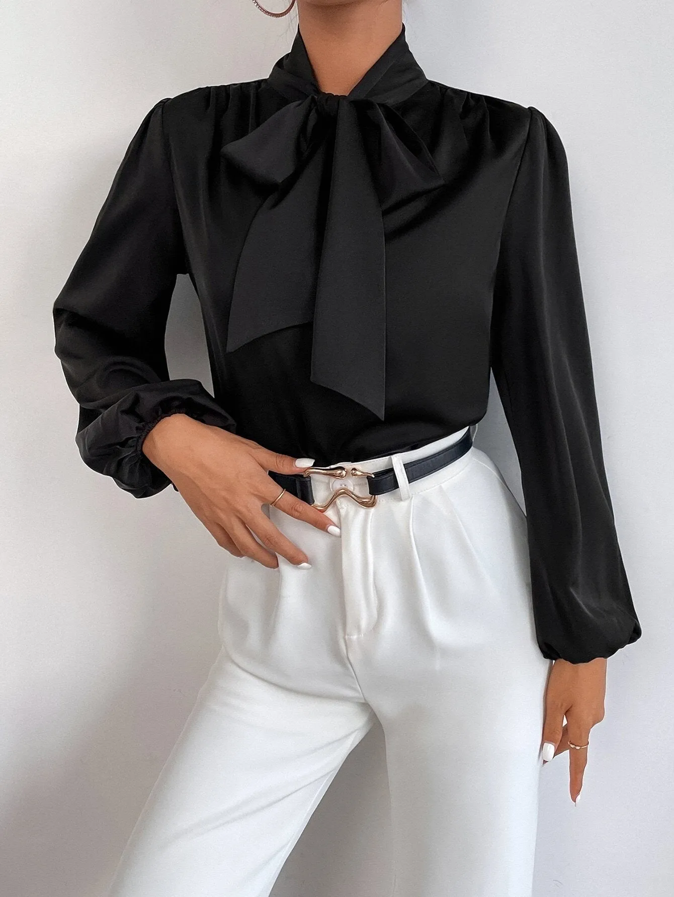 BAE Satin Tie Neck Bishop Sleeve Blouse