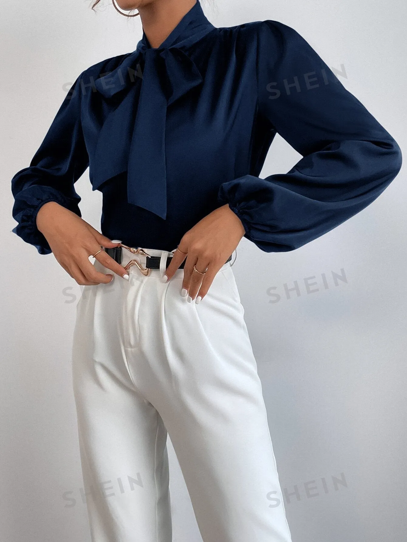 BAE Satin Tie Neck Bishop Sleeve Blouse