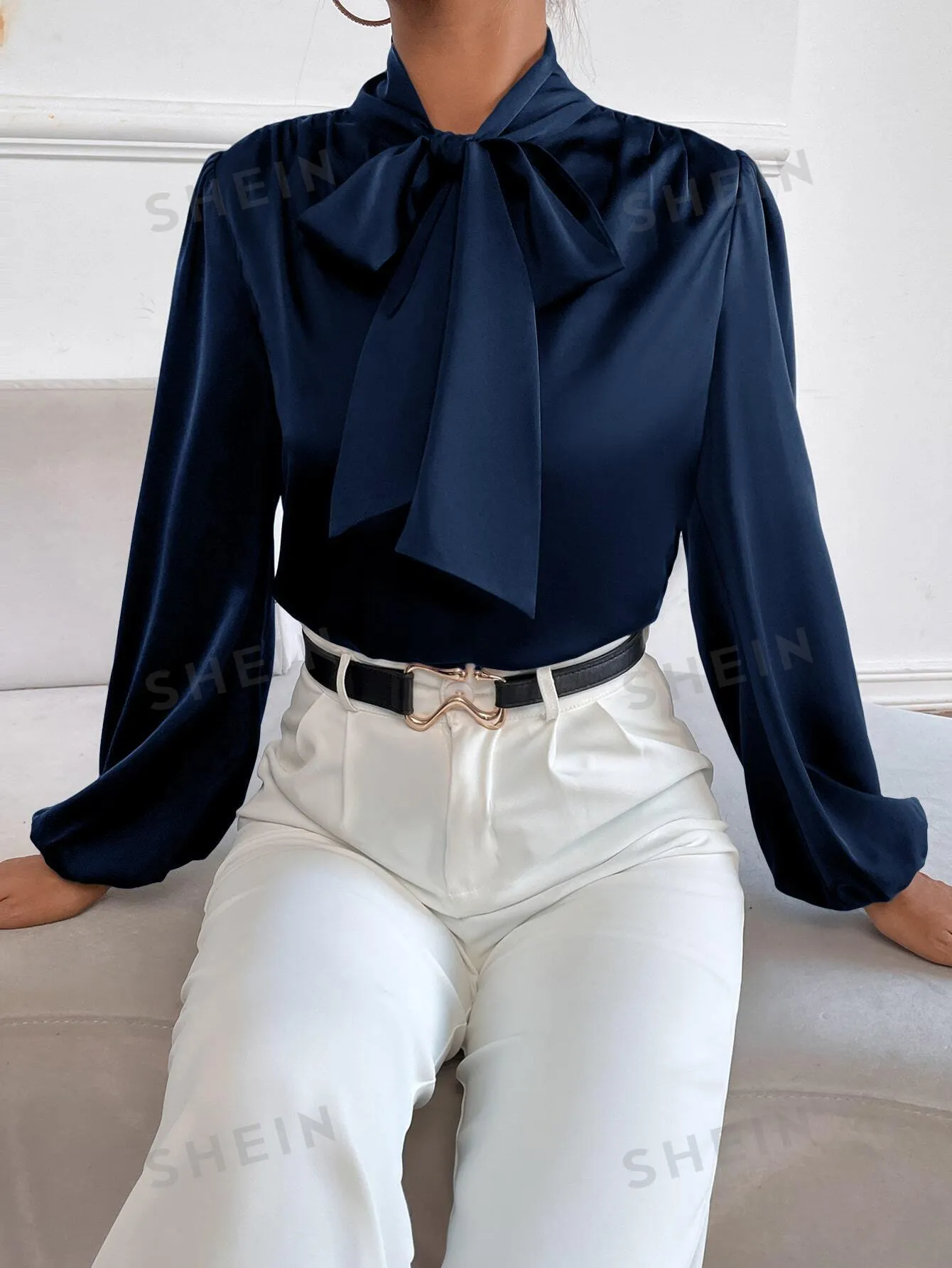 BAE Satin Tie Neck Bishop Sleeve Blouse