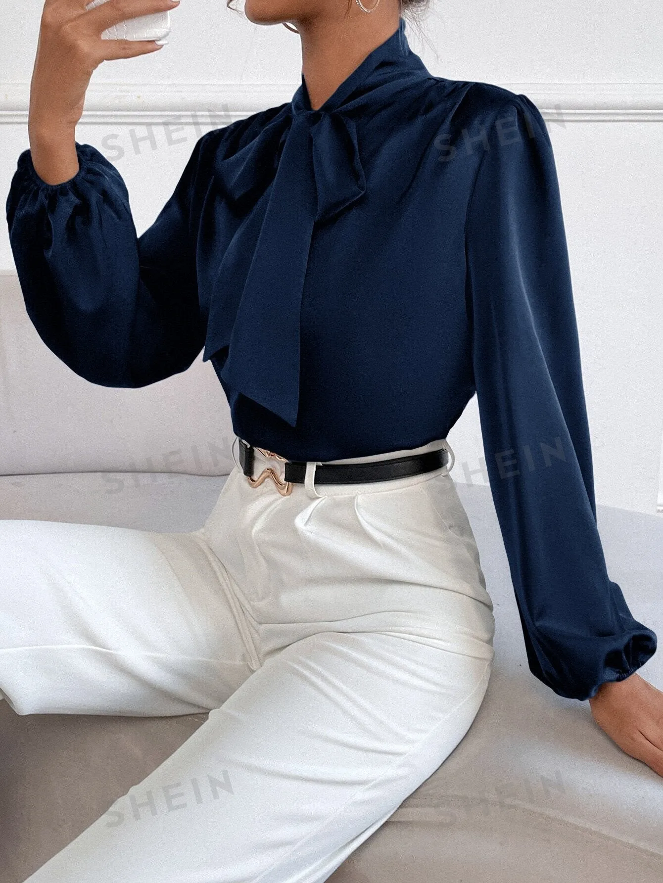 BAE Satin Tie Neck Bishop Sleeve Blouse