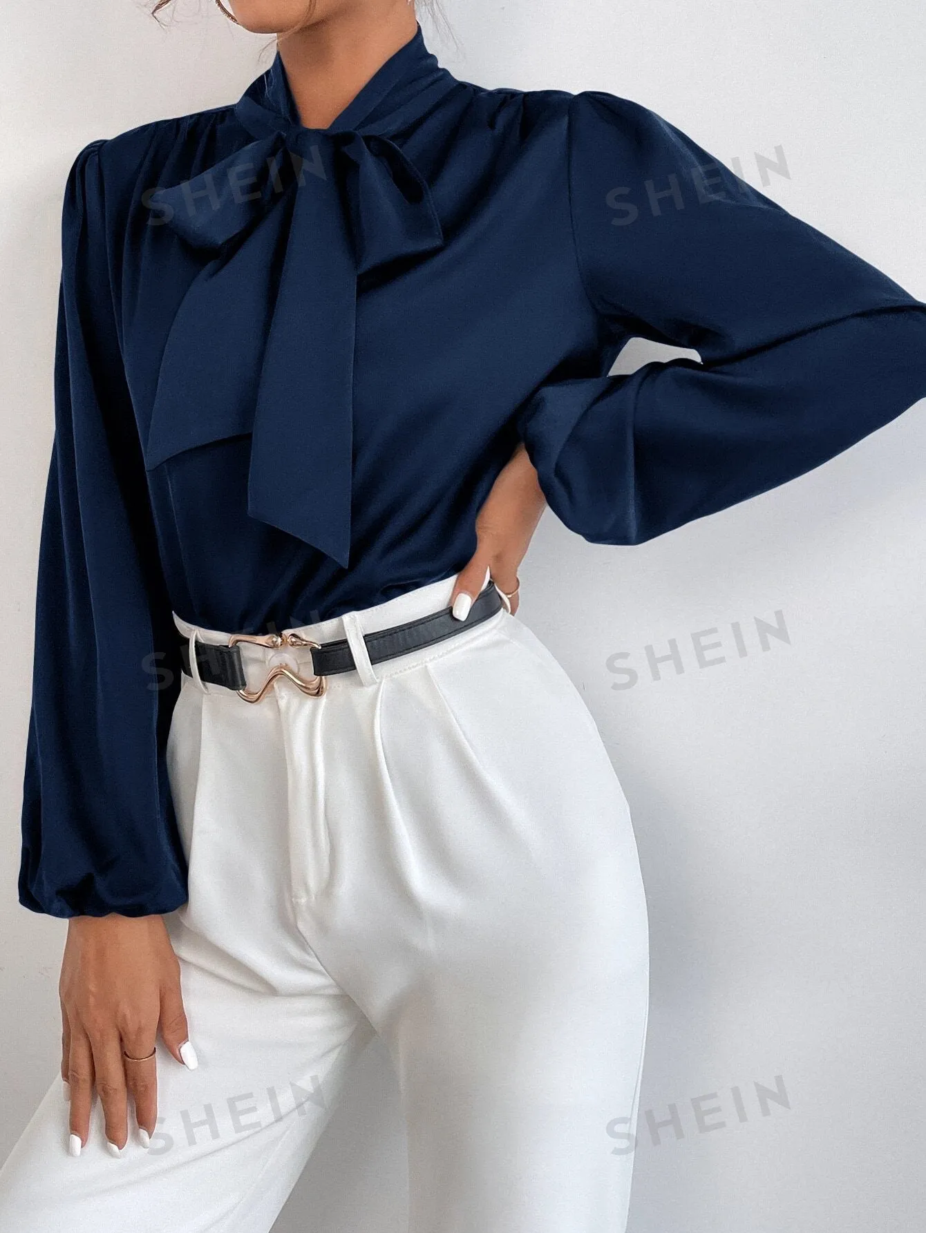 BAE Satin Tie Neck Bishop Sleeve Blouse