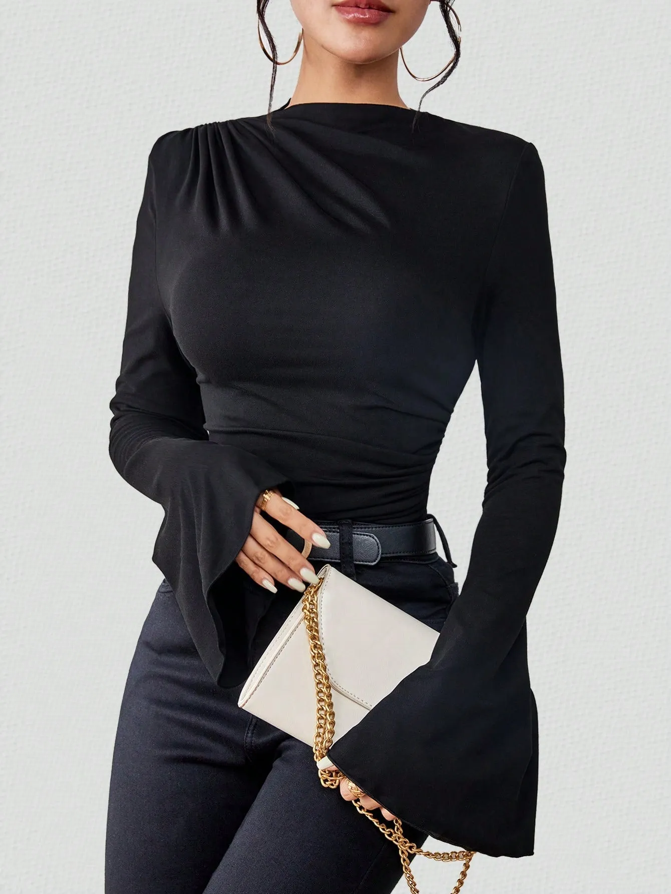 BAE Solid Ruched Front Flare Sleeve Tee