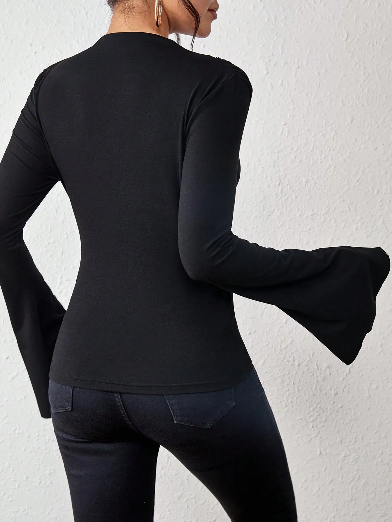 BAE Solid Ruched Front Flare Sleeve Tee