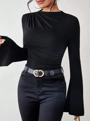 BAE Solid Ruched Front Flare Sleeve Tee