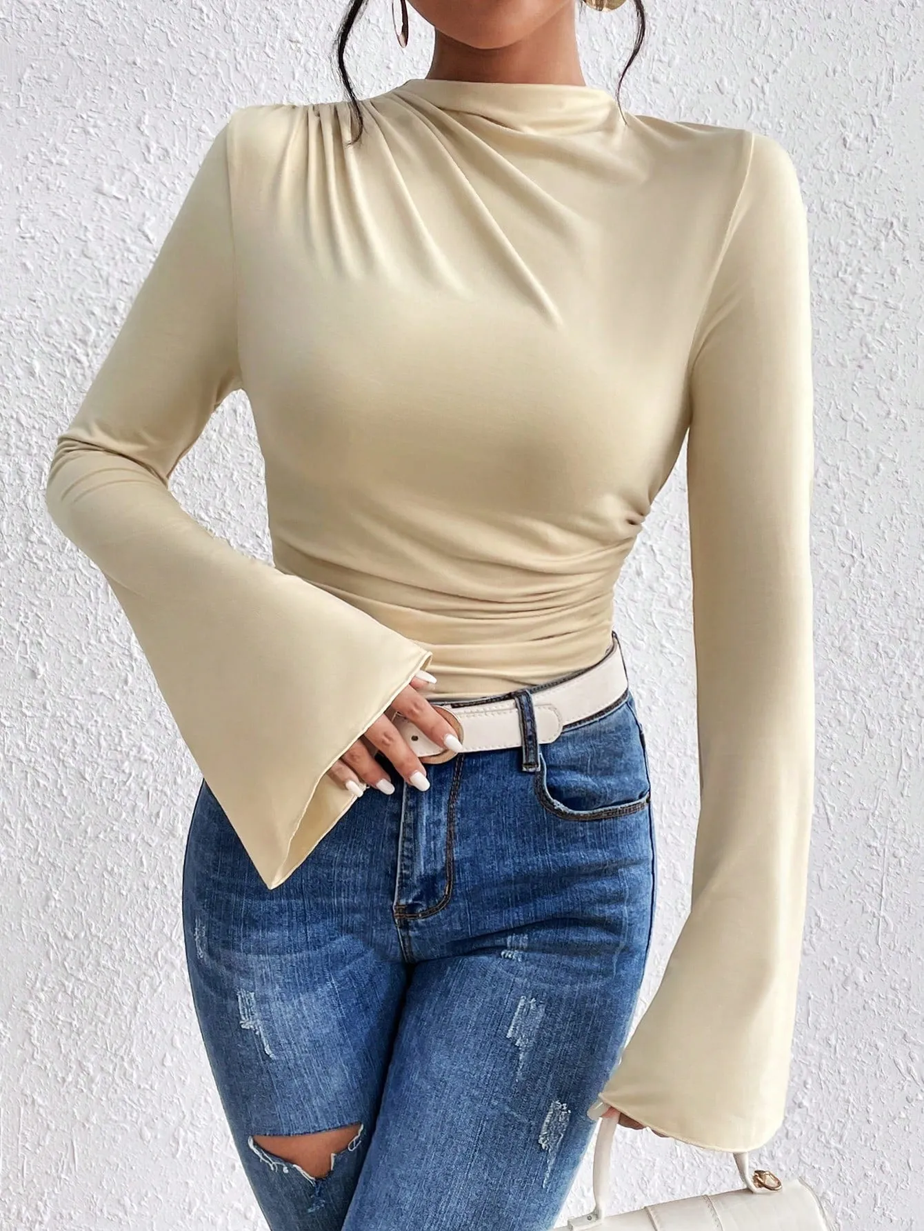 BAE Solid Ruched Front Flare Sleeve Tee