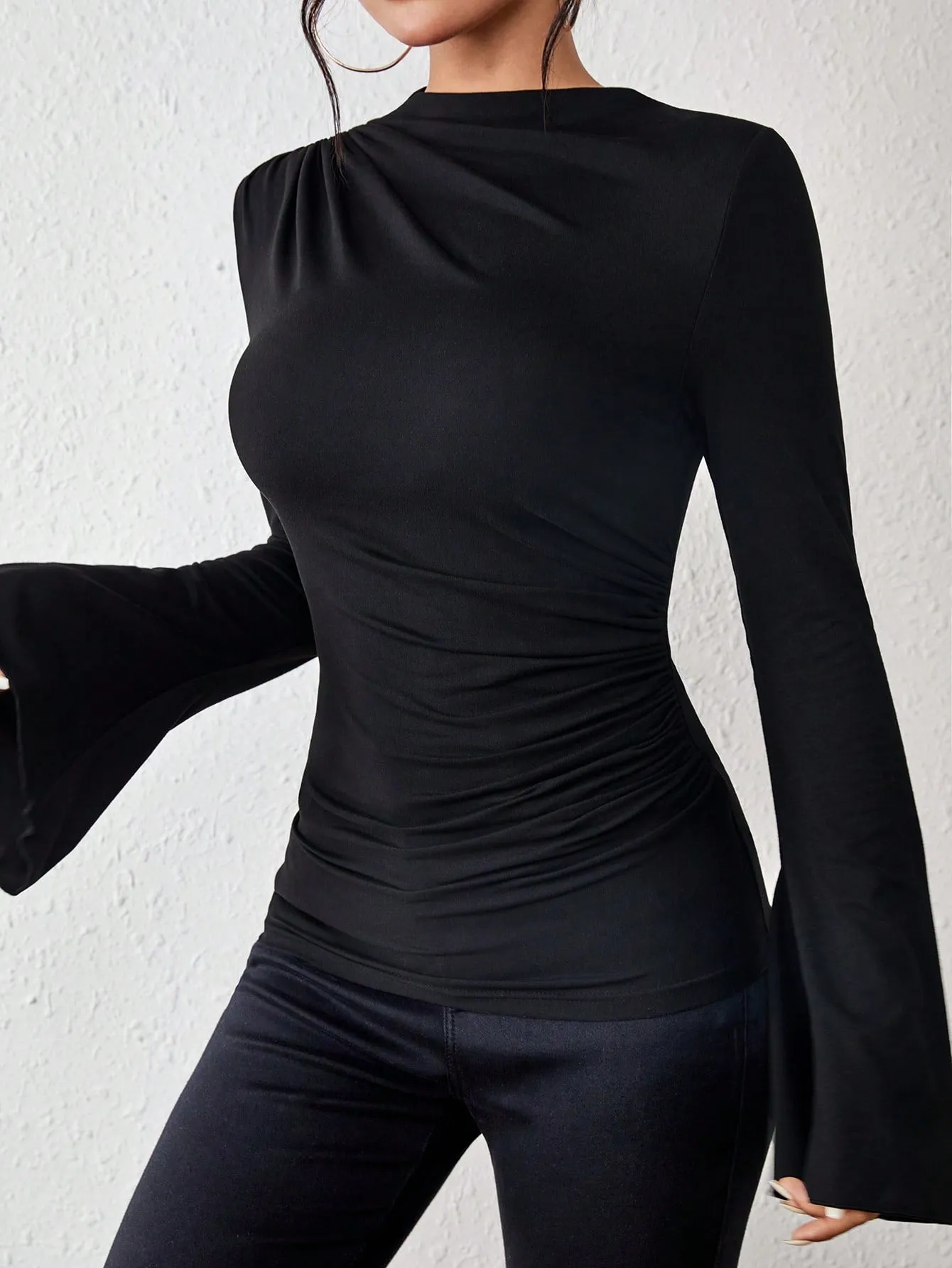 BAE Solid Ruched Front Flare Sleeve Tee