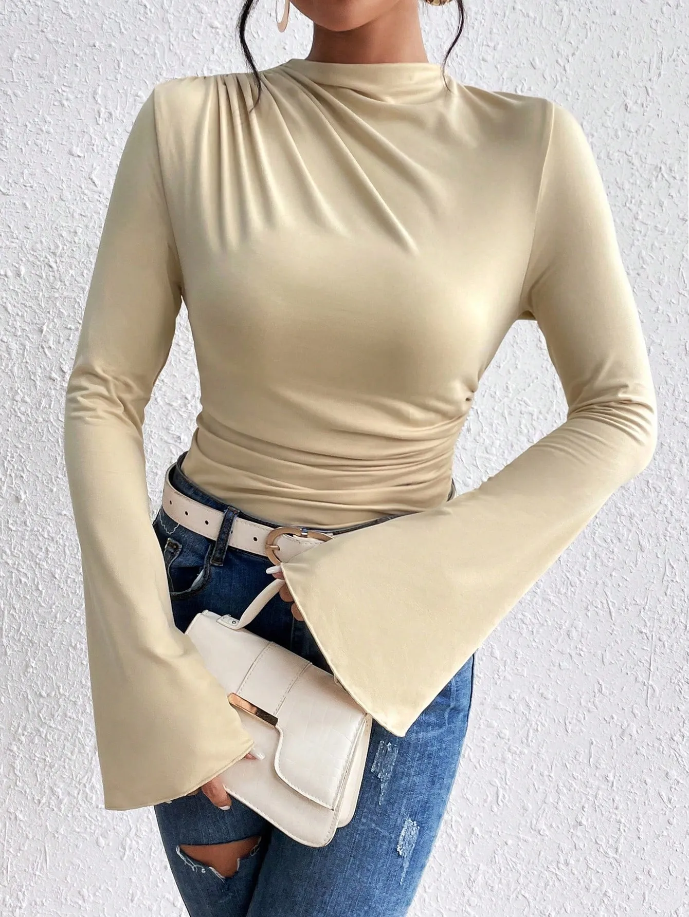 BAE Solid Ruched Front Flare Sleeve Tee