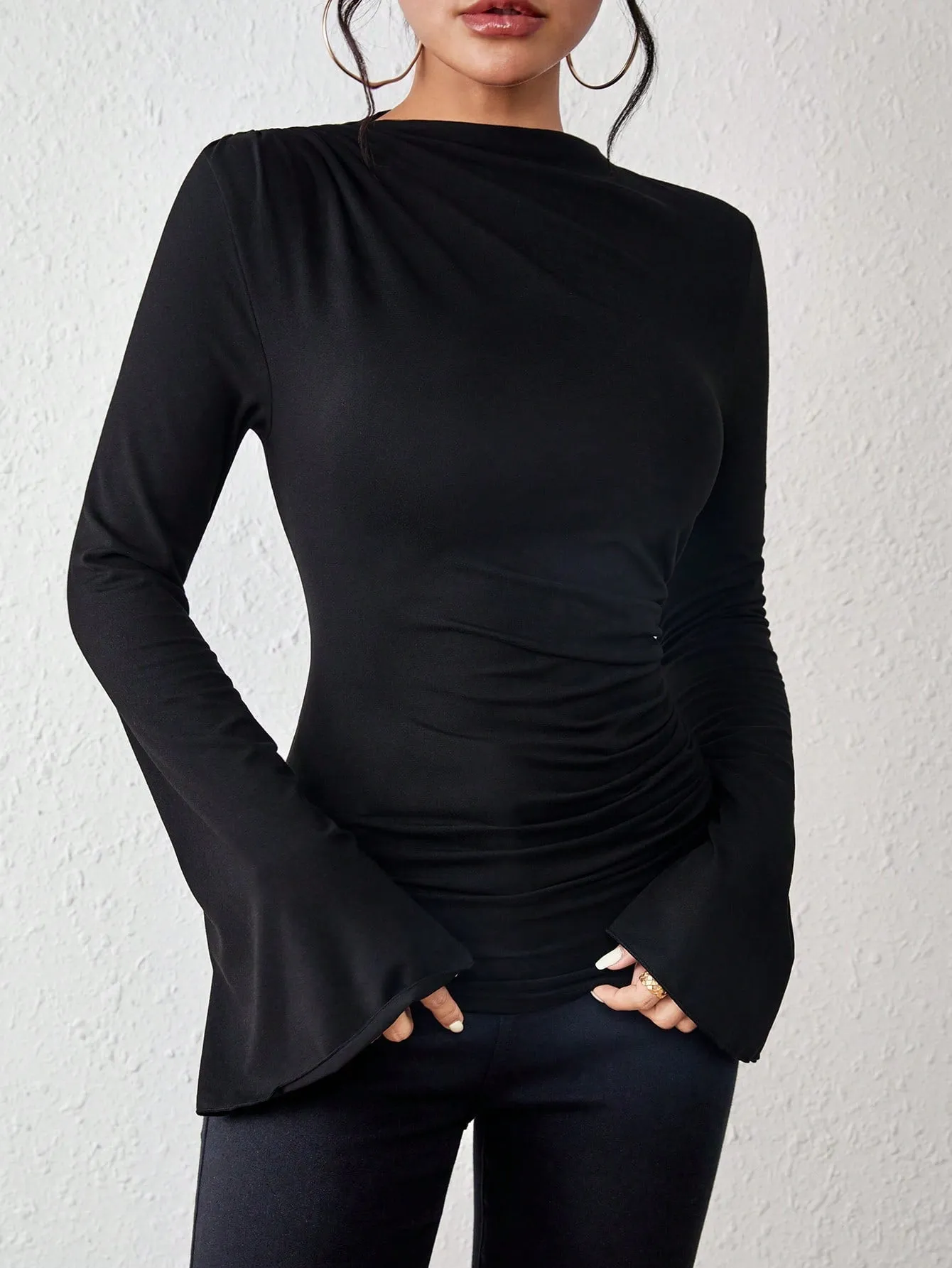 BAE Solid Ruched Front Flare Sleeve Tee