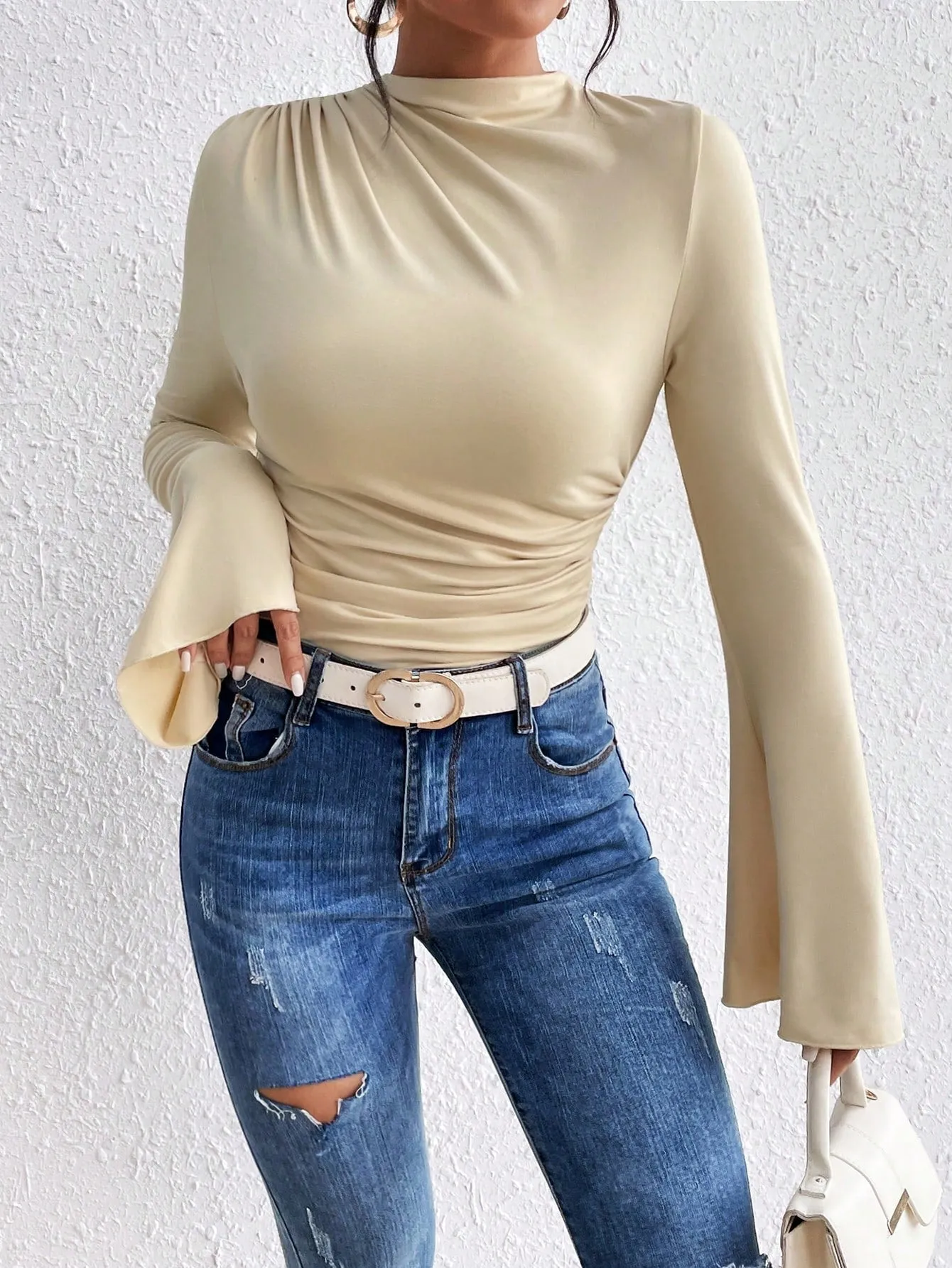 BAE Solid Ruched Front Flare Sleeve Tee