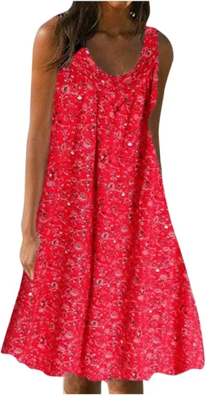 Boho Dresses for Women 2025 Summer Tank Top Dress Sun Dresses Sleeveless Short Dresses Boho Floral Dress with Pockets