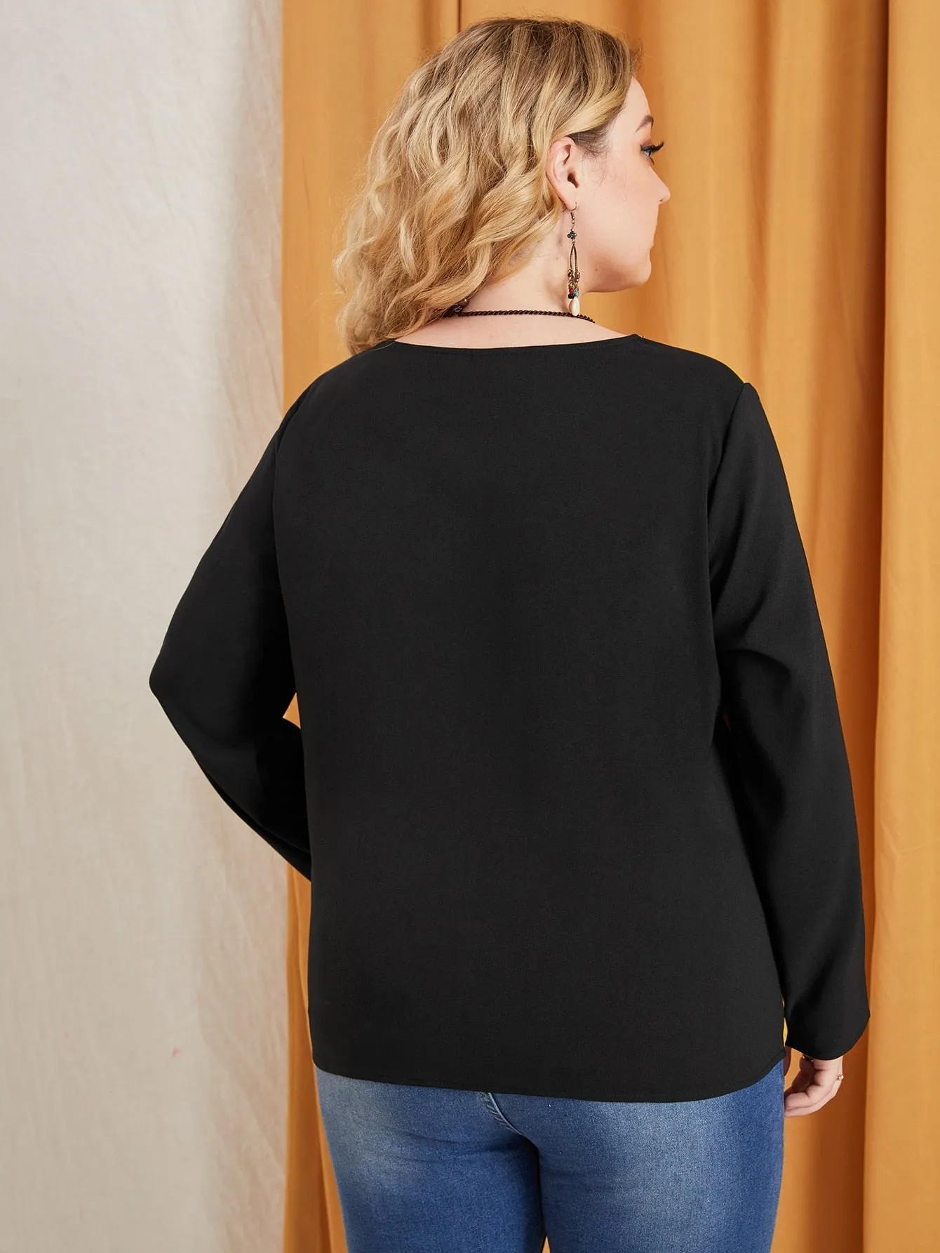 Casual Colorblock Long Sleeve Round Neck Regular Plus Size Blouse