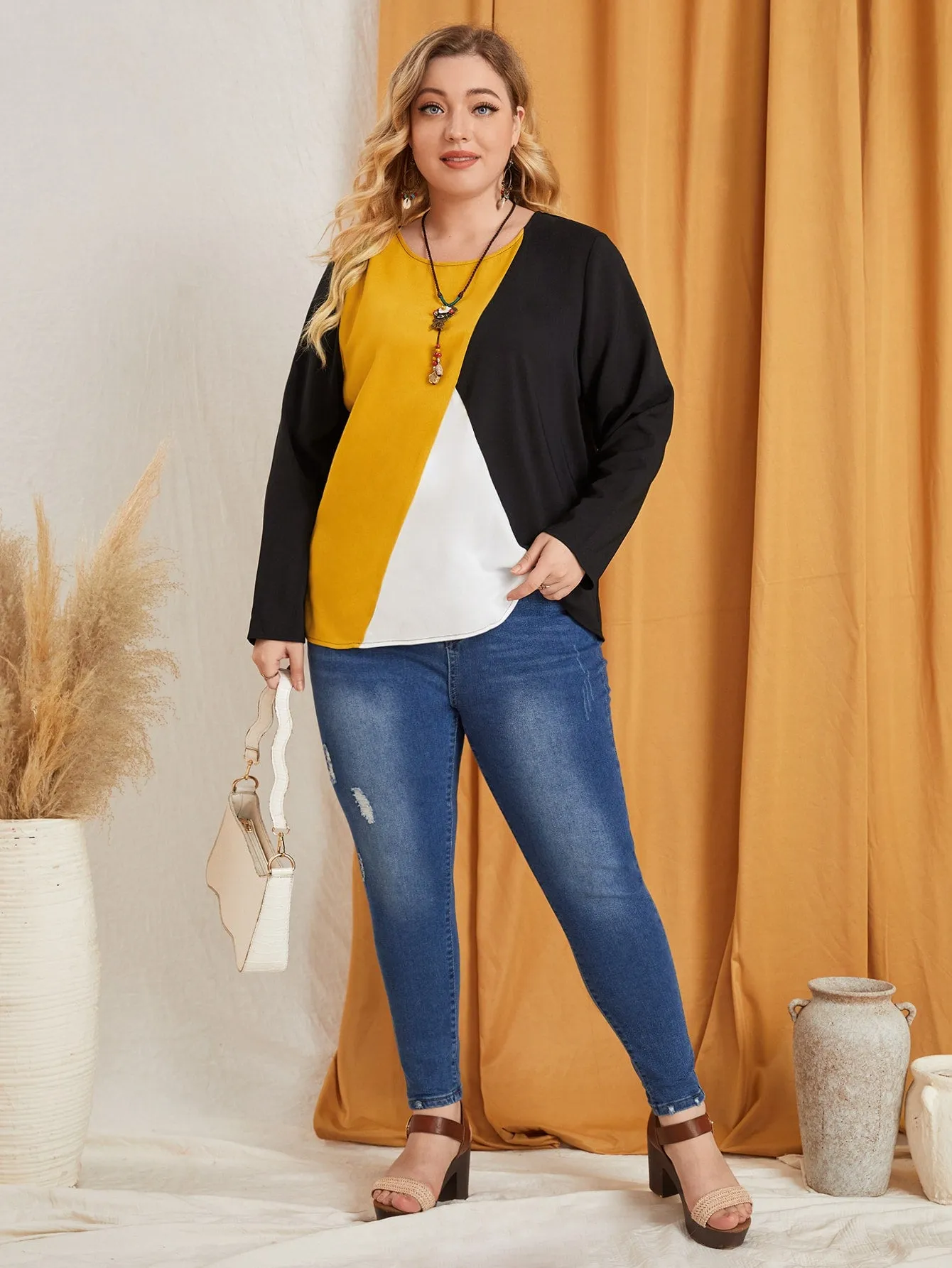 Casual Colorblock Long Sleeve Round Neck Regular Plus Size Blouse