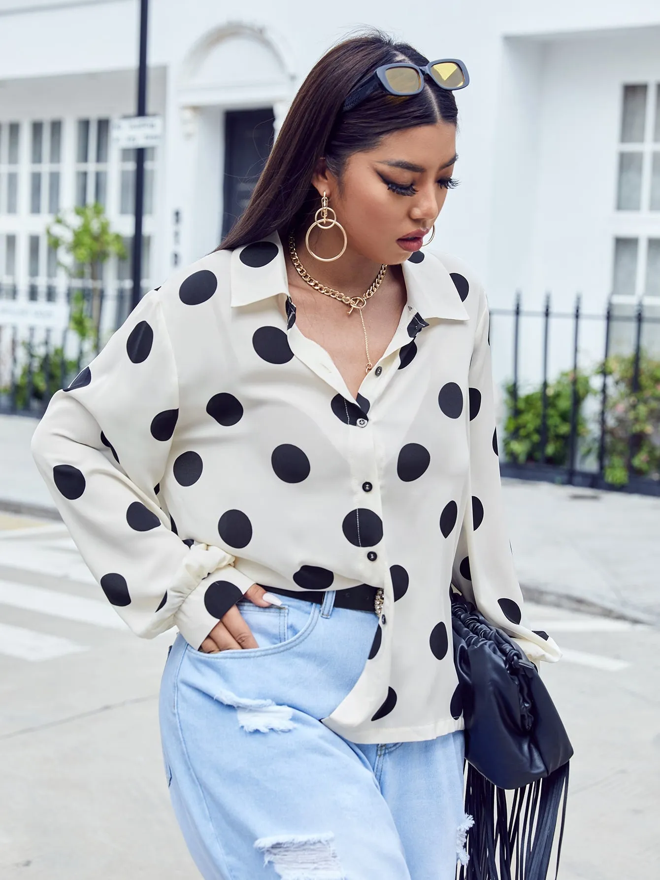 Casual Polka Dot Button Front Long Sleeve Collar Semi-Sheer Asymmetrical Regular Plus Size Blouse