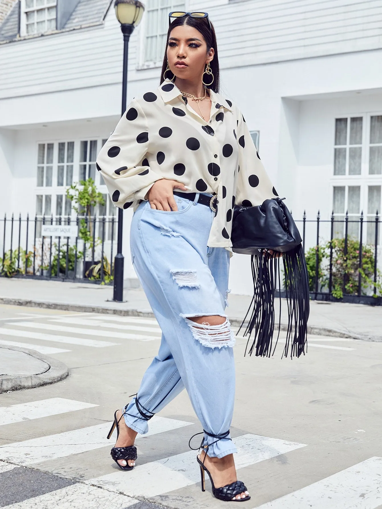 Casual Polka Dot Button Front Long Sleeve Collar Semi-Sheer Asymmetrical Regular Plus Size Blouse