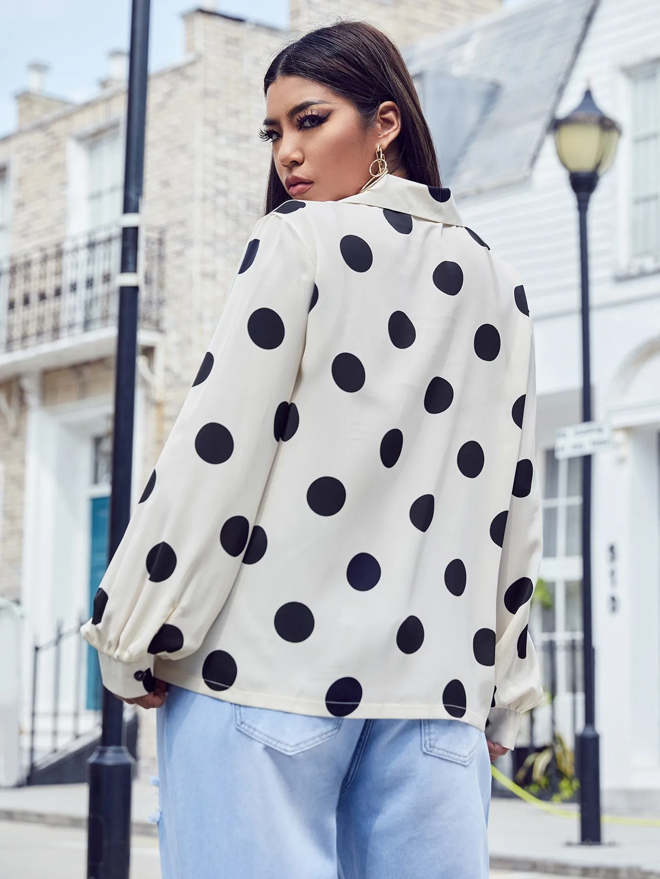 Casual Polka Dot Button Front Long Sleeve Collar Semi-Sheer Asymmetrical Regular Plus Size Blouse