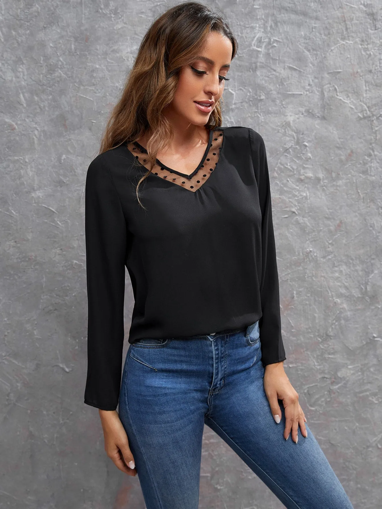 Casual Polka Dot Contrast Mesh Long Sleeve V Neck Regular Blouse