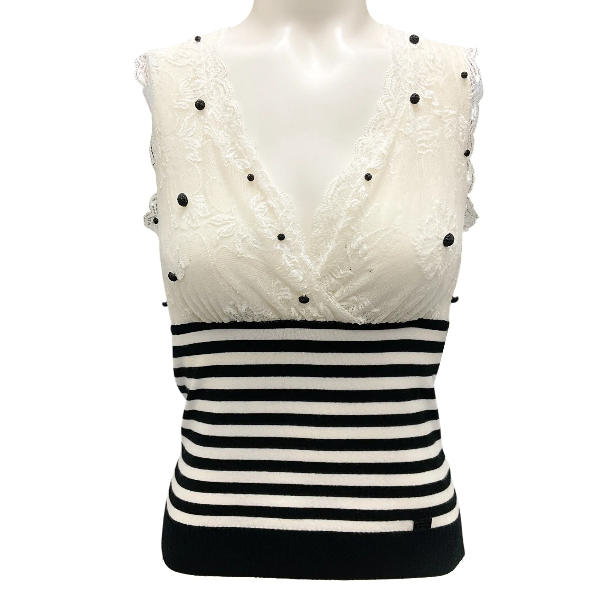 Chanel Ivory / Black 2005 Striped Lace Detail Two-Piece Top Set