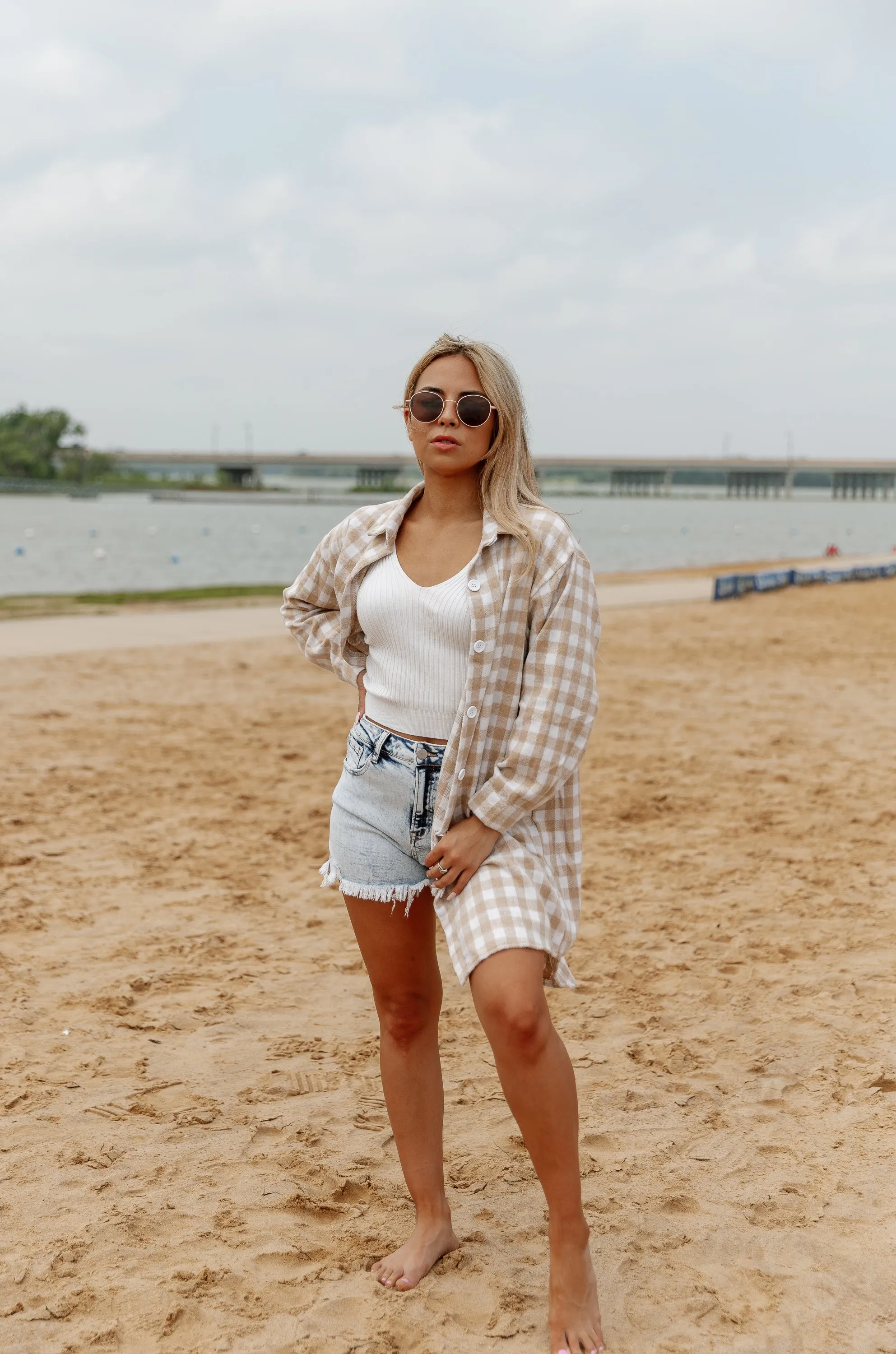 CHECKING IN BUTTON DOWN TOP
