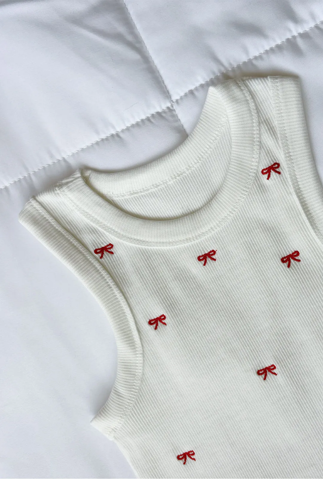 Cherry Red Bow Embroidered Tank Top