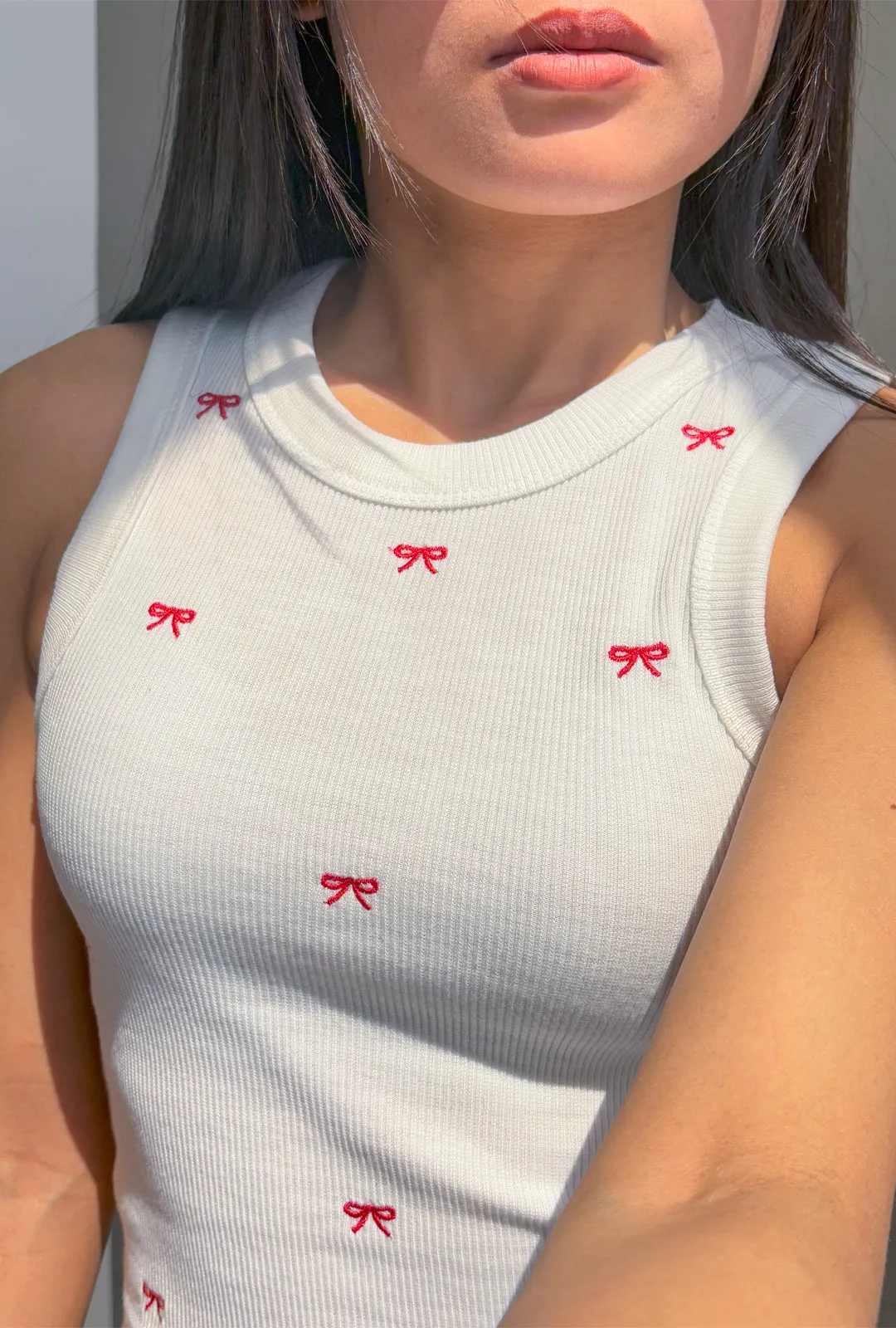 Cherry Red Bow Embroidered Tank Top
