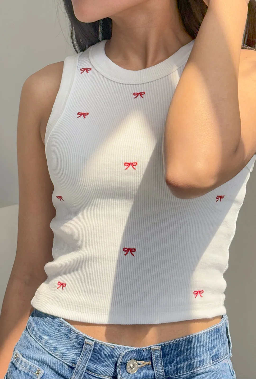 Cherry Red Bow Embroidered Tank Top