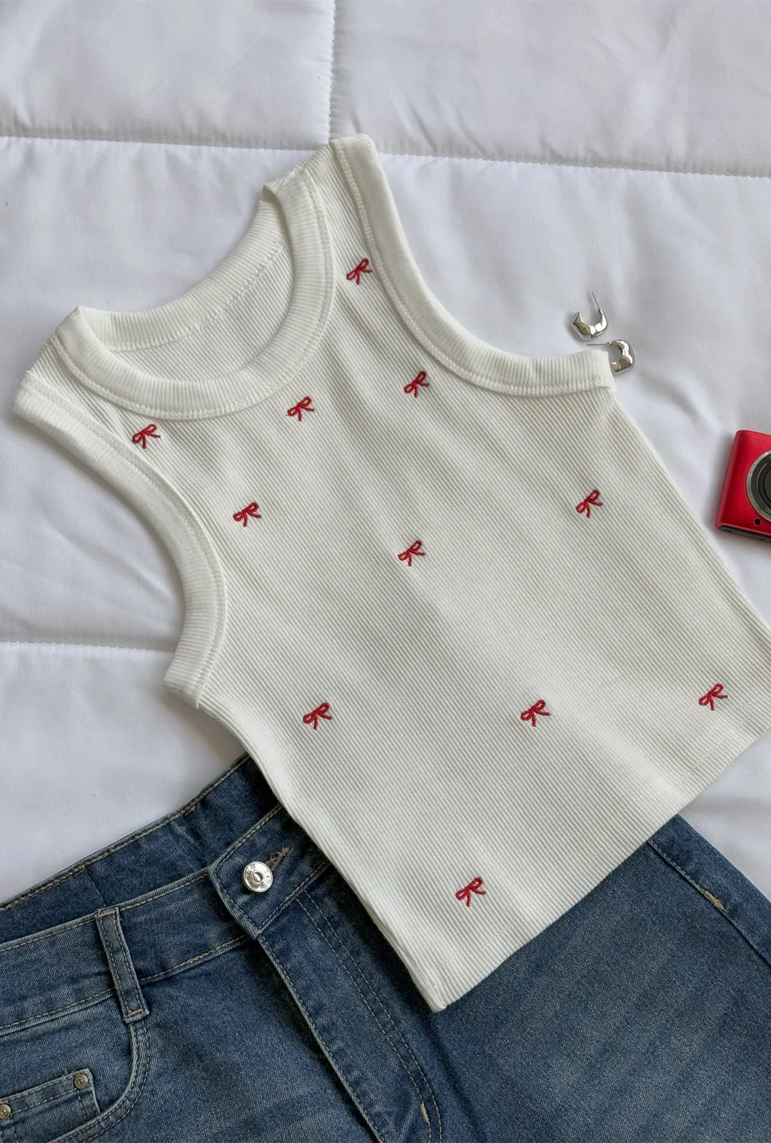 Cherry Red Bow Embroidered Tank Top