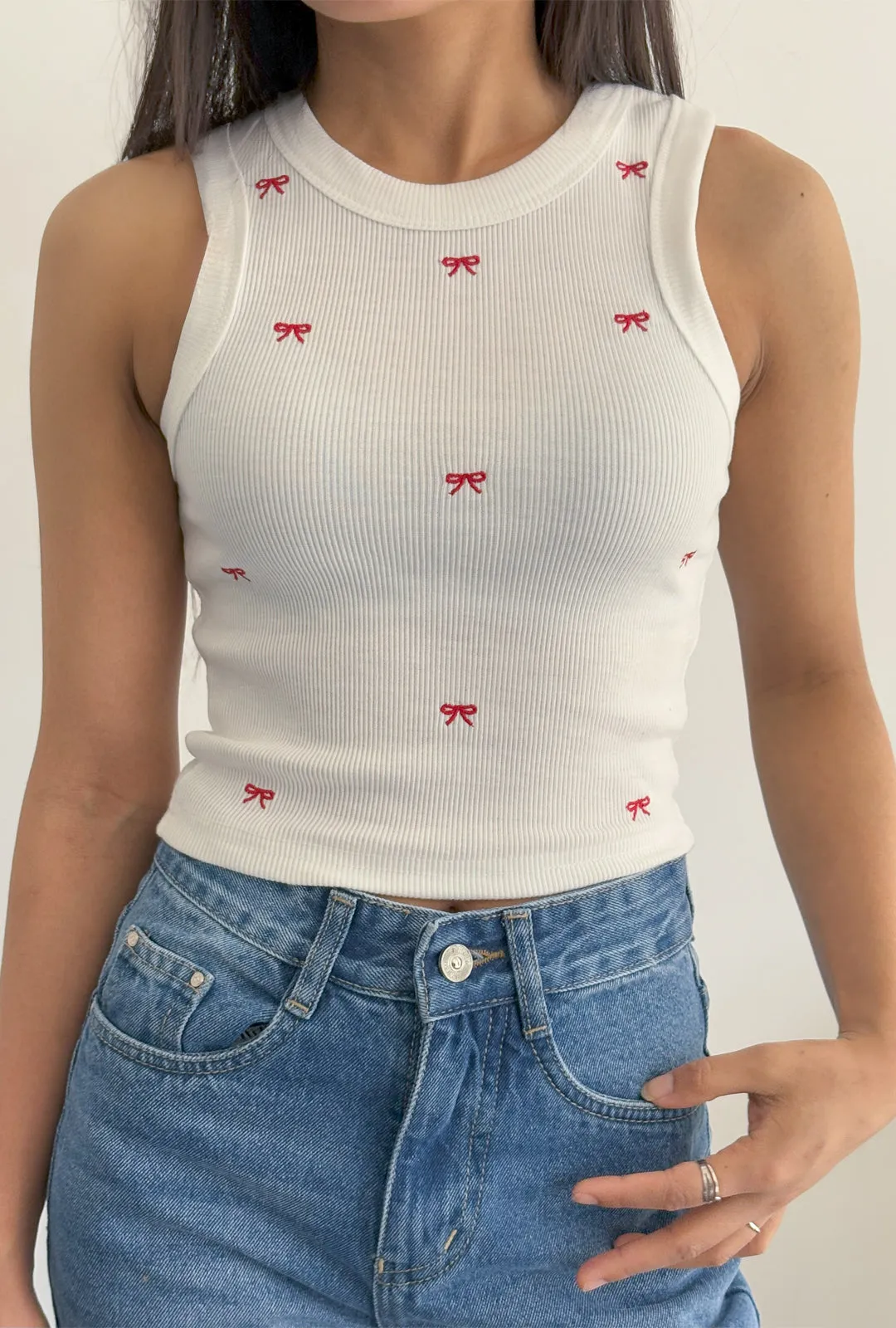 Cherry Red Bow Embroidered Tank Top