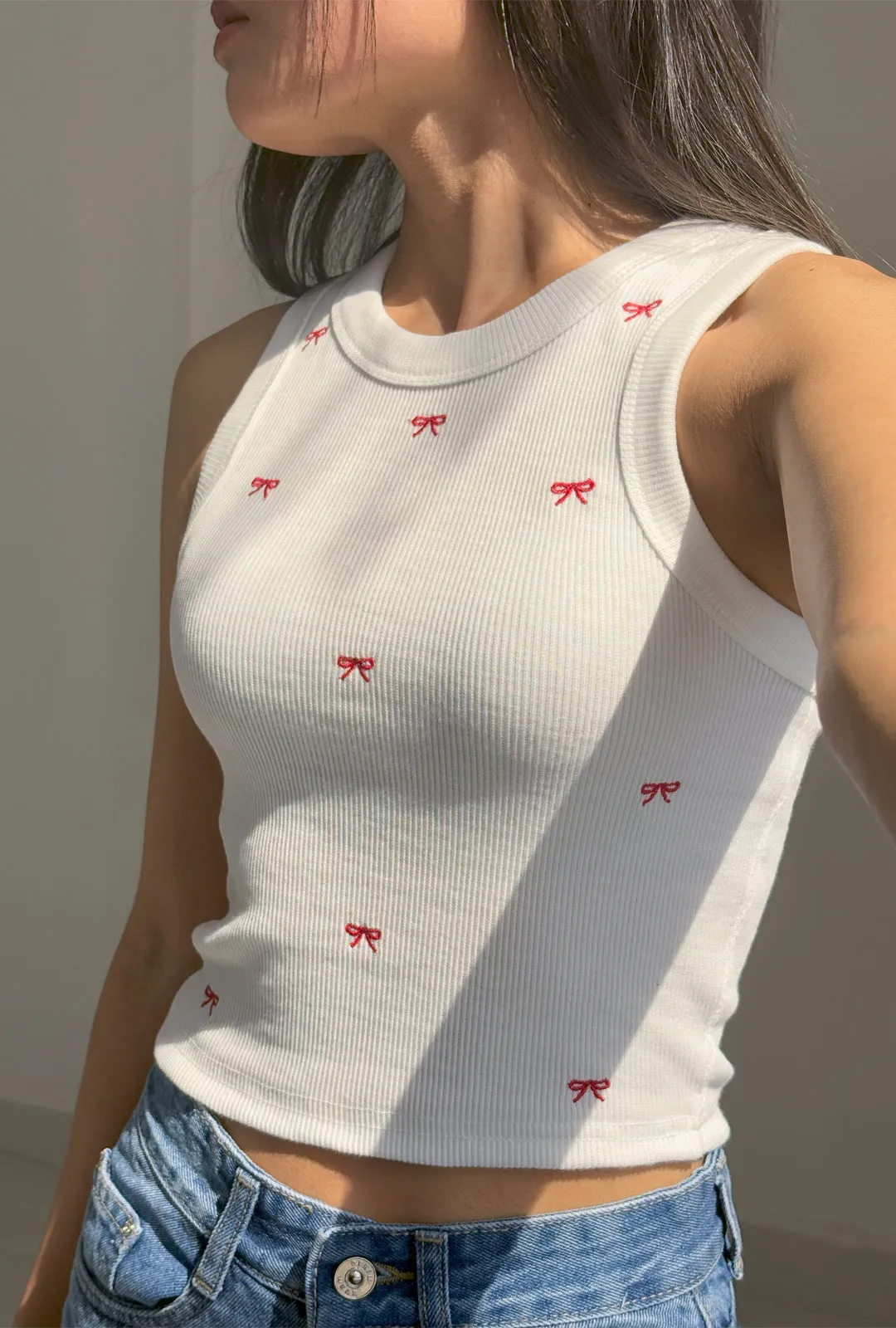 Cherry Red Bow Embroidered Tank Top