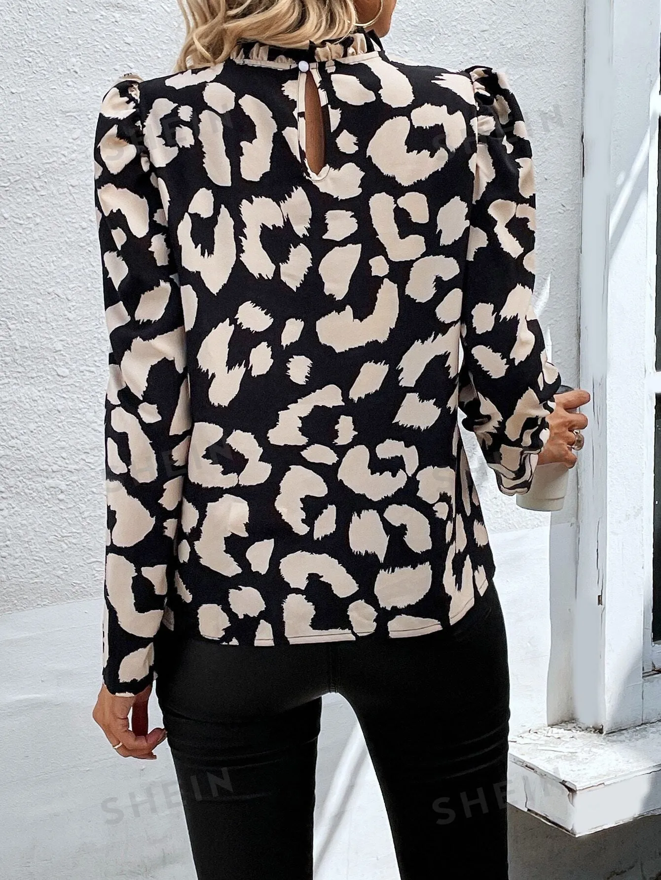 Clasi Leopard Print Frill Mock Neck Puff Sleeve Blouse