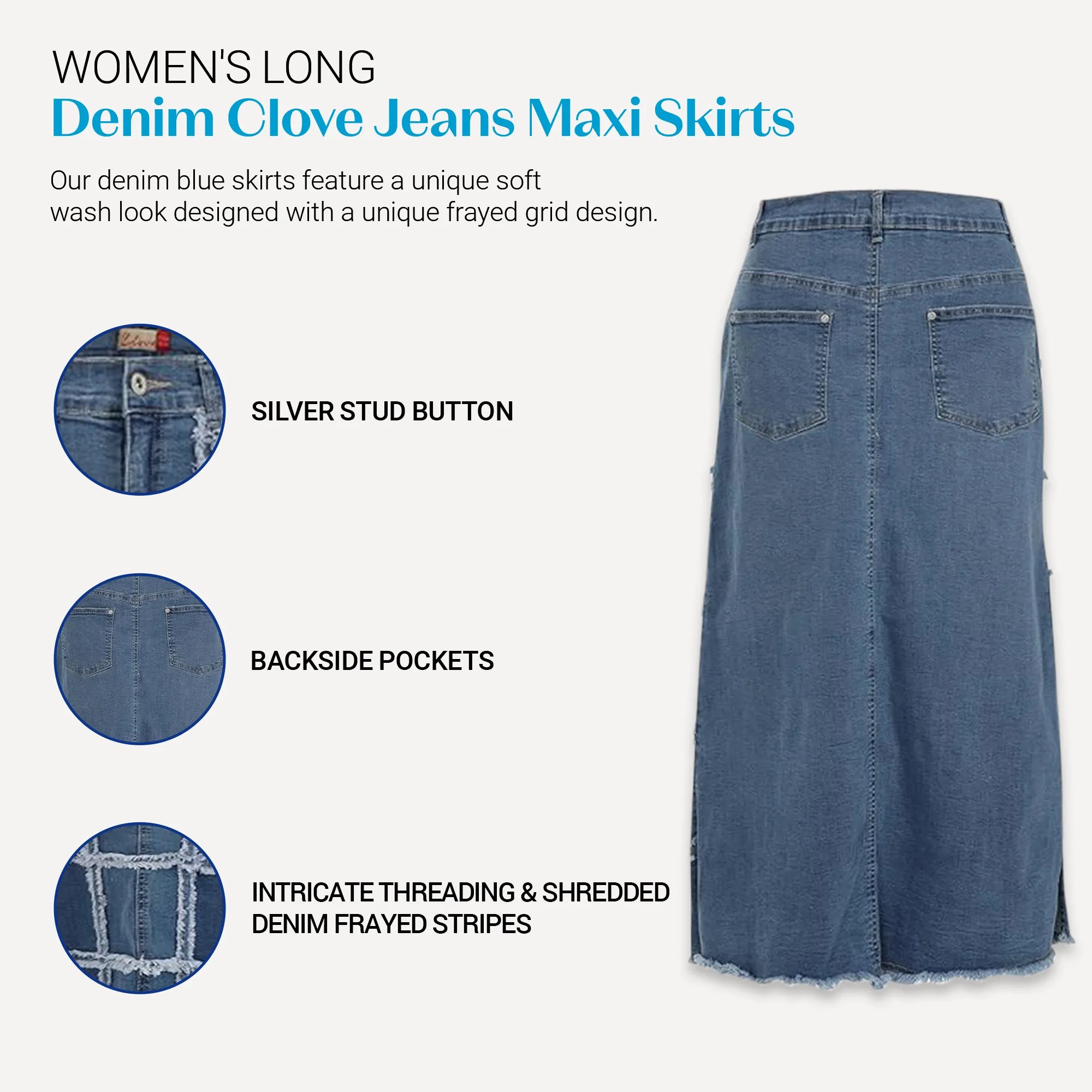 Clove Jeans Womens Blue Frayed Grid Maxi Skirts Long Denim Skirt Plus Size 12-24