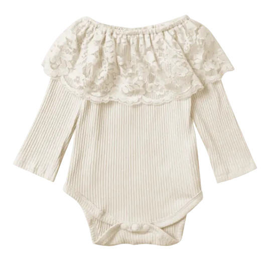 Cream Lace Neck Long Sleeve Onesie Baby (0-18M)