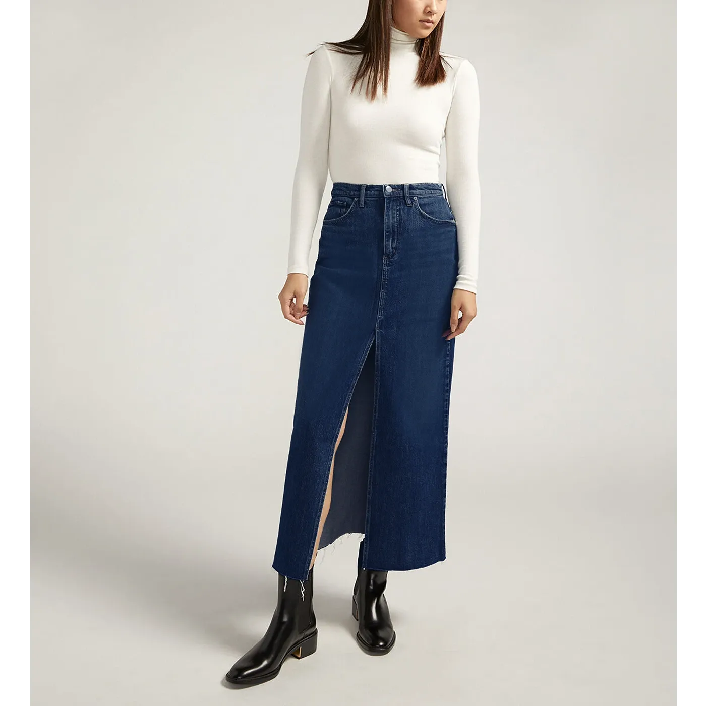 Dark Blue Front Slit Maxi Denim Skirt